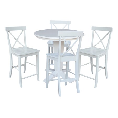 International Concepts 36 in. Solid Wood Round Top Pedestal Dining Table with 4 Counter Height Stools in White K08-36RT-23B-S6132-4